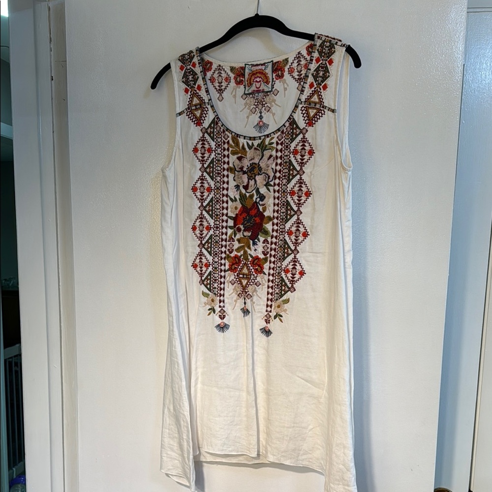 Johnny Was Embroidered Sleeveless Linen Dress M